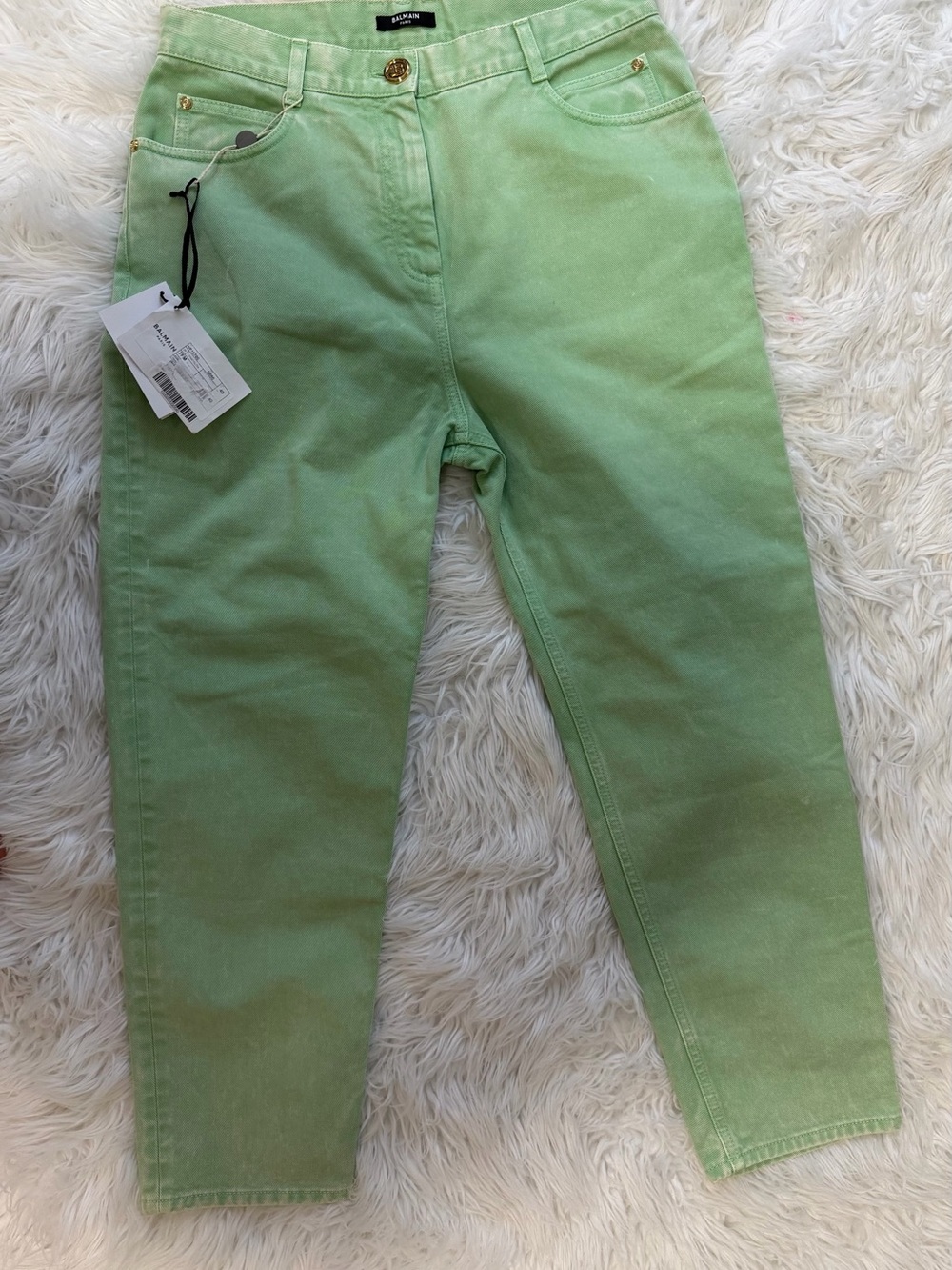 Balmain Mint Green Women's Jeans with Gold Hardware